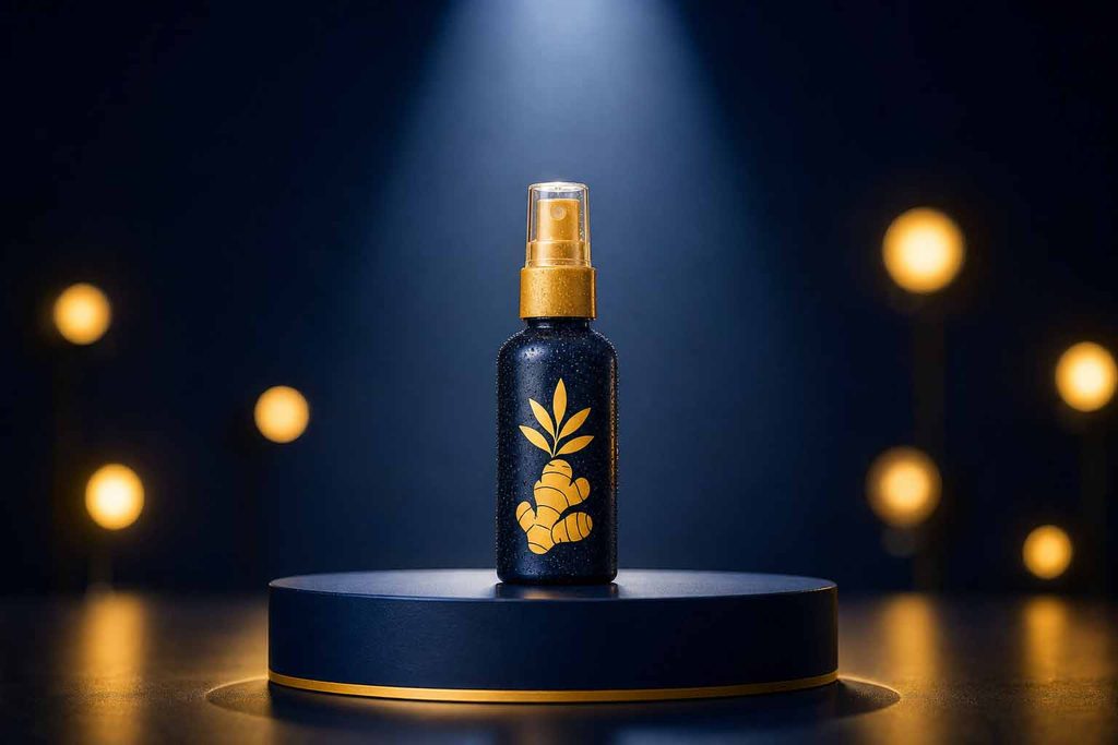Ingwer Spray auf dunklem Podest